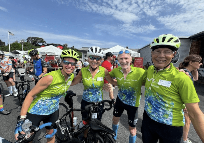 Team South Shore Health riders Laura Bicknell Carbone, Kathleen Oliver, Rich Chamberlain, and Len Bicknell during PMC weekend in 2024.